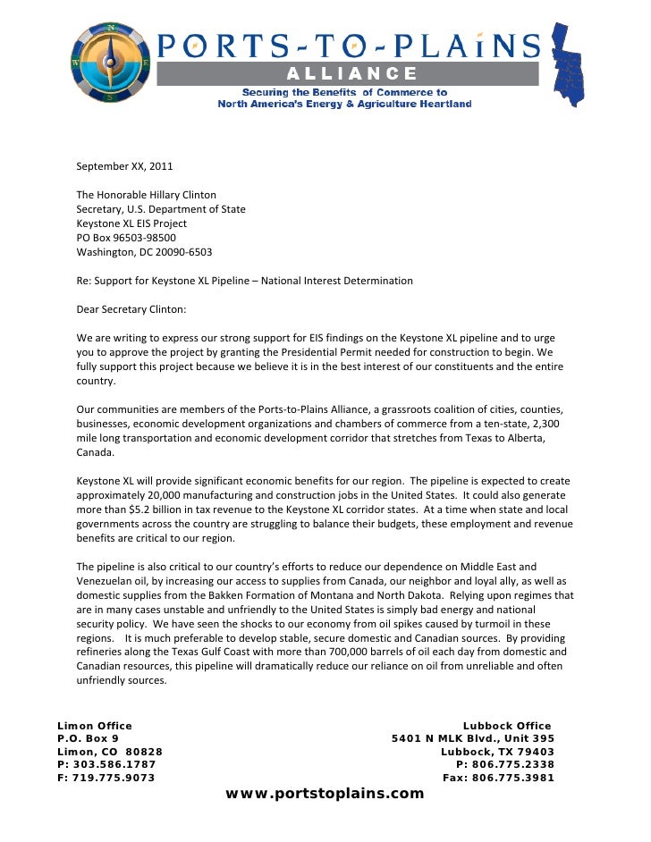 Keystone Xl Pipeline Support Letter Sample