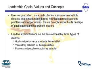 Leadership Goals, Values and Concepts

• Every organization has a particular work environment which
  dictates to a considerable degree how its leaders respond to
  problems and opportunities. This is brought about by its heritage
  of past leaders and its present leaders

• Leaders exert influence on the environment by three types of
  actions:
     Goals and performance standards they establish
     Values they establish for the organization
     Business and people concepts they establish
 