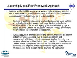 Leadership Model/Four Framework Approach
•   Boulman and Deal (1991) suggests that leaders display leadership behaviors in
    one of four frameworks, the style of which can either be effective or ineffective
    depending upon the chosen behavior in certain situations –

     – Structural in an effective leadership situation, the leader is a social architect
       whose leadership style is analysis and design. While in an ineffective
       leadership situation, the leader is a petty tyrant whose leadership style is
       details. Structural Leaders are focused on structure, strategy, environment,
       implementation, experimentation and adaptation.

     – Human Resource in an effective leadership situation, the leader is a catalyst
       and servant whose leadership style is support, advocation, and
       empowerment, while in an ineffective leadership situation the leader is a
       pushover, whose leadership style is abdication and fraud. Human Resource
       Leaders believe in people and communicate that belief; they are visible and
       accessible; they empower, increase participation, support, share
       information, and move decision making down into the organization
 