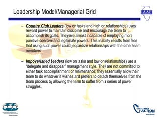 Leadership Model/Managerial Grid

   – Country Club Leaders (low on tasks and high on relationships) uses
     reward power to maintain discipline and encourage the team to
     accomplish its goals. They are almost incapable of employing more
     punitive coercive and legitimate powers. This inability results from fear
     that using such power could jeopardize relationships with the other team
     members

   – Impoverished Leaders (low on tasks and low on relationships) use a
     “delegate and disappear” management style. They are not committed to
     either task accomplishment or maintenance; they essentially allow their
     team to do whatever it wishes and prefers to detach themselves from the
     team process by allowing the team to suffer from a series of power
     struggles.
 