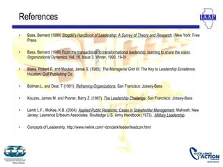 References
•   Bass, Bernard (1989) Stogdill’s Handbook of Leadership: A Survey of Theory and Research. (New York: Free
    Press

•   Bass, Bernard (1990) From the transactional to transformational leadership: learning to share the vision.
    Organizational Dynamics, Vol. 18, Issue 3, Winter, 1990, 19-31

•   Blake, Robert R. and Mouton, Janse S. (1985). The Managerial Grid III: The Key to Leadership Excellence.
    Houston: Gulf Publishing Co.

•   Bolman L. and Deal, T (1991). Reframing Organizations. San Francisco: Jossey-Bass

•   Kouzes, James M. and Posner, Barry Z. (1987). The Leadership Challenge. San Francisco: Jossey-Bass

•   Lamb L.F., McKee, K.B. (2004). Applied Public Relations: Cases in Stakeholder Management. Mahwah, New
    Jersey: Lawrence Erlbaum Associates. Routledge U.S. Army Handbook (1973). Military Leadership.

•   Concepts of Leadership, http://www.nwlink.com/~donclark/leader/leadcon.html
 