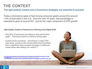 ©2017 Matthews International Corporation. All Rights Reserved.©2017 Matthews International Corporation. All Rights Reserved.
The right product content and e-Commerce strategies are essential to succeed
THE CONTEXT
Today e-Commerce sales of fast-moving consumer goods account for around
1.5% of total sales in the U.S. Over the next 10 years, that percentage is
expected to grow to around 9%*, and be the major component of CPG growth.
3
*HTTPS://WWW.KANTARWORLDPANEL.COM/GLOBAL/NEWS/GLOBAL-E-COMMERCE-GROCERY-MARKET-HAS-GROWN-15-TO-48BN
**CLAVISINSIGHT.COM; THE DEFINITIVE GUIDE TO OPTIMIZING BRAND PERFORMANCE ON AMAZON
***HTTP://WWW.WEBCOLLAGE.COM/WP-CONTENT/UPLOADS/BSK-PDF-MANAGER/1424_3M_WEBCOLLAGE_CASESTUDY_FINAL_11.PDF
• Only 30% of consumers are willing to click past the first
page**. Winning at search is critical to driving sales.
• Content drives conversion. According to a major CPG
case study, a product with strong market share benefited
from a significant sales increase and gains in additional
market share after adding rich content.***
High Quality Content Is Paramount to Winning at the Digital Shelf
 