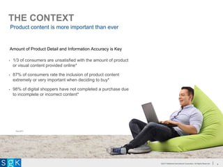 ©2017 Matthews International Corporation. All Rights Reserved.©2017 Matthews International Corporation. All Rights Reserved.
Product content is more important than ever
THE CONTEXT
4
*SALSIFY
• 1/3 of consumers are unsatisfied with the amount of product
or visual content provided online*
• 87% of consumers rate the inclusion of product content
extremely or very important when deciding to buy*
• 98% of digital shoppers have not completed a purchase due
to incomplete or incorrect content*
Amount of Product Detail and Information Accuracy is Key
 