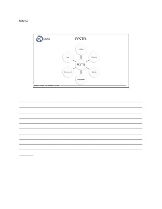 Slide 50
Business growth – Key strategies for growth
PESTEL
PESTEL
Politics
Economy
Society
Technology
Environment
Law
_____________________________________________________________________________________
_____________________________________________________________________________________
_____________________________________________________________________________________
_____________________________________________________________________________________
_____________________________________________________________________________________
_____________________________________________________________________________________
_____________________________________________________________________________________
_____________________________________________________________________________________
_____________________________________________________________________________________
_____________________________________________________________________________________
__________
 