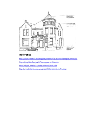 Reference
http://www.slideshare.net/maggmiss/romanesque-architecture-english-vocabulary
https://en.wikipedia.org/wiki/Romanesque_architecture
https://global.britannica.com/technology/corbel-table
http://www.britainexpress.com/church-history.htm?term=Transept
 