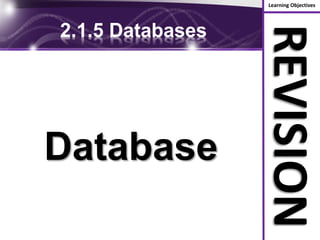 Learning Objectives
REVISION
2.1.5 Databases
Database
 