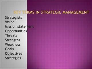 Strategists Vision Mission statement Opportunities Threats Strengths Weakness Goals Objectives Strategies 