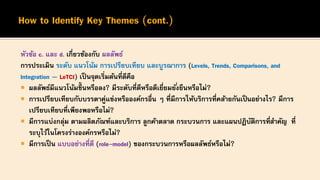 หัวข้อ c. และ d. เกี่ยวข้องกับ ผลลัพธ์
การประเมิน ระดับ แนวโน้ม การเปรียบเทียบ และบูรณาการ (Levels, Trends, Comparisons, and
Integration — LeTCI) เป็นจุดเริ่มต้นที่ดีคือ
 ผลลัพธ์มีแนวโน้มขึ้ นหรือลง? มีระดับที่ดีหรือดีเยี่ยมยั่งยืนหรือไม่?
 การเปรียบเทียบกับบรรดาคู่แข่งหรือองค์กรอื่น ๆ ที่มีการให้บริการที่คล้ายกันเป็นอย่างไร? มีการ
เปรียบเทียบที่เพียงพอหรือไม่?
 มีการแบ่งกลุ่ม ตามผลิตภัณฑ์และบริการ ลูกค้าตลาด กระบวนการ และแผนปฏิบัติการที่สาคัญ ที่
ระบุไว้ในโครงร่างองค์กรหรือไม่?
 มีการเป็น แบบอย่างที่ดี (role-model) ของกระบวนการหรือผลลัพธ์หรือไม่?
 