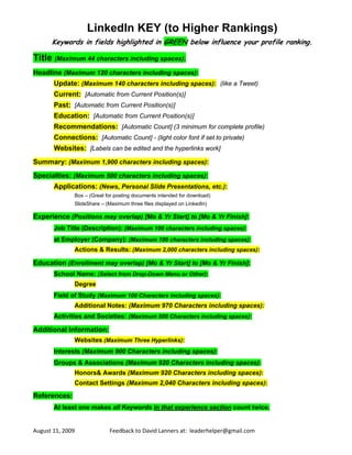 LinkedIn KEY (to Higher Rankings)
      Keywords in fields highlighted in GREEN below influence your profile ranking.

Title (Maximum 44 characters including spaces):
Headline (Maximum 120 characters including spaces):
       Update: (Maximum 140 characters including spaces): (like a Tweet)
       Current: [Automatic from Current Position(s)]
       Past: [Automatic from Current Position(s)]
       Education: [Automatic from Current Position(s)]
       Recommendations: [Automatic Count] (3 minimum for complete profile)
       Connections: [Automatic Count] - (light color font if set to private)
       Websites: [Labels can be edited and the hyperlinks work]
Summary: (Maximum 1,900 characters including spaces):
Specialties: (Maximum 500 characters including spaces):
       Applications: (News, Personal Slide Presentations, etc.):
               Box – (Great for posting documents intended for download)
               SlideShare – (Maximum three files displayed on LinkedIn)

Experience (Positions may overlap) [Mo & Yr Start] to [Mo & Yr Finish]:
       Job Title (Description): (Maximum 100 characters including spaces):
       at Employer (Company): (Maximum 100 characters including spaces):
               Actions & Results: (Maximum 2,000 characters including spaces):

Education (Enrollment may overlap) [Mo & Yr Start] to [Mo & Yr Finish]:
       School Name: (Select from Drop-Down Menu or Other):
               Degree
       Field of Study (Maximum 100 Characters including spaces):
               Additional Notes: (Maximum 970 Characters including spaces):
       Activities and Societies: (Maximum 500 Characters including spaces):

Additional Information:
               Websites (Maximum Three Hyperlinks):
       Interests (Maximum 900 Characters including spaces):
       Groups & Associations (Maximum 920 Characters including spaces):
               Honors& Awards (Maximum 920 Characters including spaces):
               Contact Settings (Maximum 2,040 Characters including spaces):

References:
       At least one makes all Keywords in that experience section count twice.


August 11, 2009              Feedback to David Lanners at:  leaderhelper@gmail.com     
 