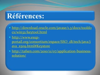 Références:http://download.oracle.com/javase/1.3/docs/tooldocs/win32/keytool.htmlhttp://www.esup-portail.org/consortium/espace/SSO_1B/tech/java/java_x509.html#Keystorehttp://tafsen.com/2010/11/07/application-business-solution/
