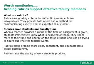 Worth mentioning….. Grading rubrics support effective faculty members What are rubrics?  Rubrics are grading criteria for authentic assessments  (no autograding!).  They provide both a tool and a method for communicating exactly what is expected of a student.  Rubrics save students and faculty time When a teacher provides a rubric at the time an assignment is given, students immediately know what is expected of them. They spend more of their time and energy on the tasks at hand and less on trying to figure out what the teacher wants. Rubrics make grading more clear, consistent, and equitable (less grade discrepancy). Rubrics raise the quality of work students produce. 