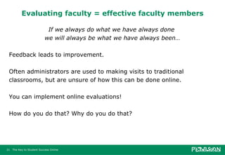 Evaluating faculty = effective faculty members If we always do what we have always done  we will always be what we have always been… Feedback leads to improvement. Often administrators are used to making visits to traditional classrooms, but are unsure of how this can be done online. You can implement online evaluations! How do you do that? Why do you do that? 