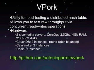 VPork
•Utility for load-testing a distributed hash table.
•Allows you to test raw throughput via
concurrent read/writes operations.
•Hardware:
   •2 x comodity servers: CoreDuo 2.5Ghz, 4Gb RAM,
   7200RPM disks
   •CouchDB: 2 instances, round-robin balanced
   •Cassandra: 2 instances
   •Redis: 1 instance

http://github.com/antoniogarrote/vpork
 