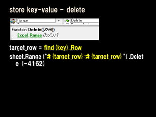 store key-value - delete




target_row = find(key).Row
sheet.Range("#{target_row}:#{target_row}").Delet
  e (-4162)
 