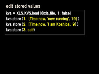 edit stored values
kvs = XLS_KVS.load(@xls_file, 1, false)
kvs.store(1, [Time.now, 'new running', 19])
kvs.store(2, [Time.now, 'I am Koshiba', 9])
kvs.store(3, self)
 