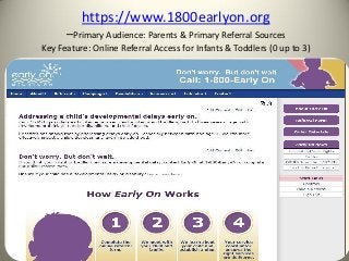 https://www.1800earlyon.org
–Primary Audience: Parents & Primary Referral Sources
Key Feature: Online Referral Access for Infants & Toddlers (0 up to 3)
 