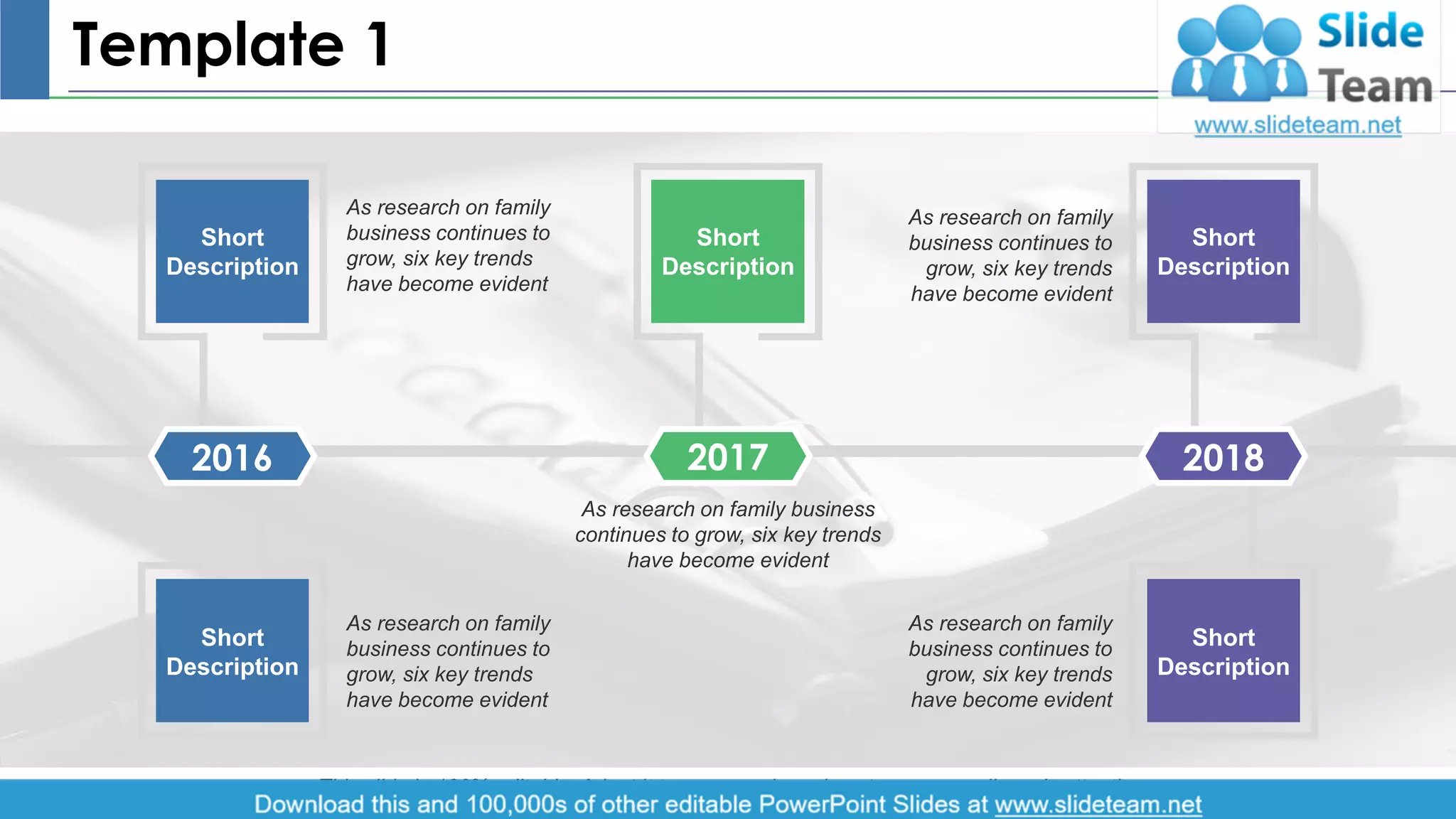 Template 1
As research on family
business continues to
grow, six key trends
have become evident
Short
Description
Short
Description
2016
Short
Description
2017
Short
Description
Short
Description
2018
As research on family
business continues to
grow, six key trends
have become evident
As research on family
business continues to
grow, six key trends
have become evident
As research on family
business continues to
grow, six key trends
have become evident
As research on family business
continues to grow, six key trends
have become evident
2This slide is 100% editable. Adapt it to your needs and capture your audience's attention.
 