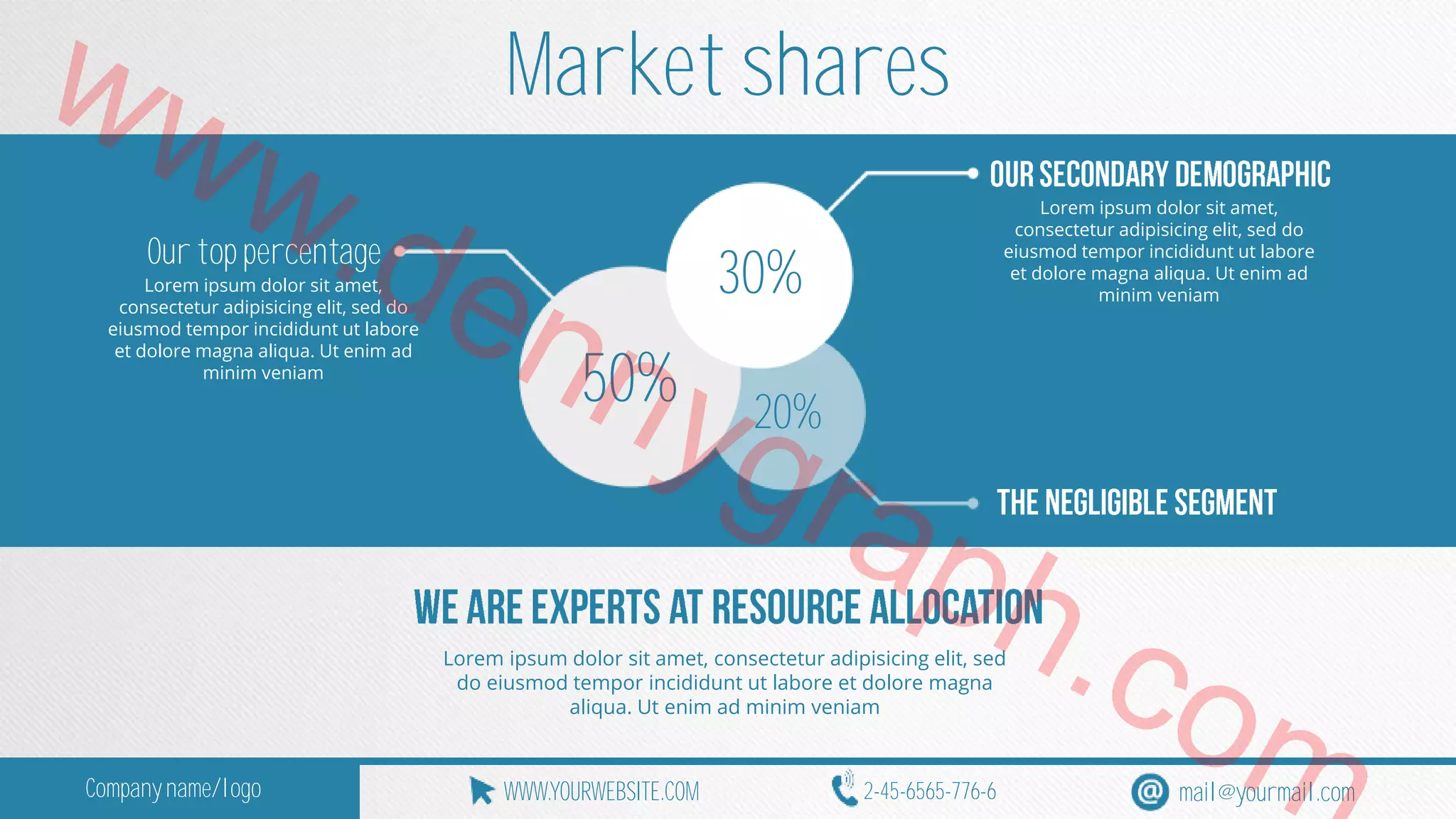 www.Market shares 
Lorem ipsum dolor sit amet, 
consectetur adipisicing elit, sed do 
Our top percentage 
dennygraph.30% 
eiusmod tempor incididunt ut labore 
et dolore magna aliqua. Ut enim ad 
Lorem ipsum dolor sit amet, 
minim veniam 
consectetur adipisicing elit, sed do 
eiusmod tempor incididunt ut labore 
et dolore magna aliqua. Ut enim ad 
minim veniam 
50% 
20% 
Lorem ipsum dolor sit amet, consectetur adipisicing elit, sed 
do eiusmod tempor incididunt ut labore et dolore magna 
aliqua. Ut enim ad minim veniam 
com 
Company name/logo WWW.YOURWEBSITE.COM 2-45-6565-776-6 mail@yourmail.com 
 