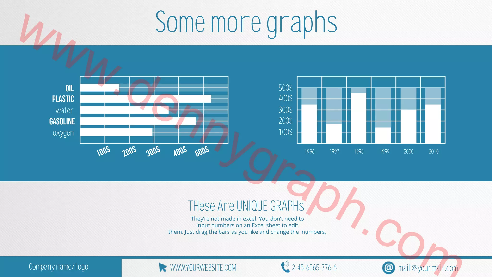 www.Some more graphs 
500$ 
400$ 
water 
300$ 
200$ 
oxygen 
dennygraph.100$ 
1996 1997 1998 1999 2000 2010 
THese Are UNIQUE GRAPHs 
They’re not made in excel. You don’t need to 
input numbers on an Excel sheet to edit 
them. Just drag the bars as you like and change the numbers. 
com 
Company name/logo WWW.YOURWEBSITE.COM 2-45-6565-776-6 mail@yourmail.com 
 