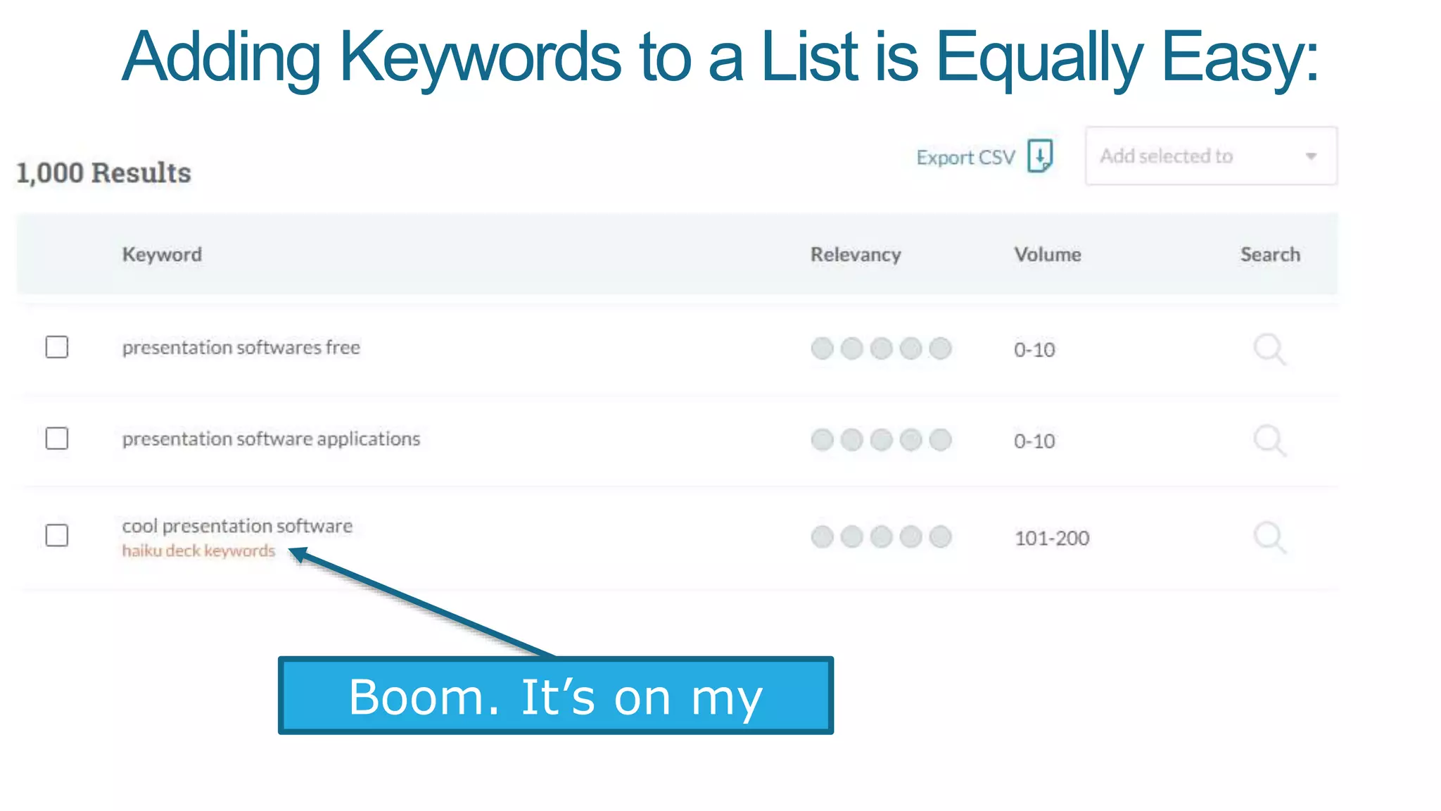 All the keywords I want to target for this project can
be saved in one convenient spot – my list.
 