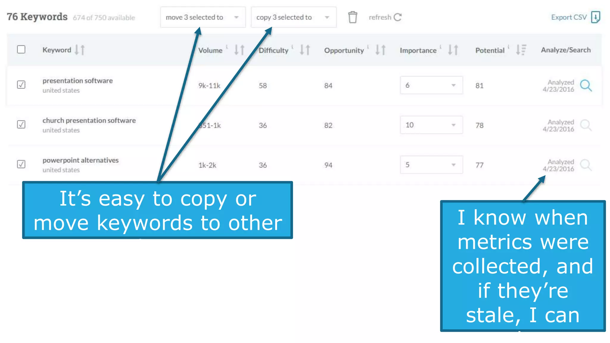 Changing importance is easy, and
KWE lets me increase relative
importance by 3X+, or reduce by
up to 2/3rds
Modifying importance scores affect the
overall “Potential” which I can use to
priority-sort my keyword list.
 