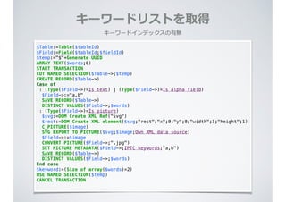 キーワードリストを取得
キーワードインデックスの有無
$Table:=Table($tableId)
$Field:=Field($tableId;$fieldId)
$temp:="$"+Generate UUID
ARRAY TEXT($words;0)
START TRANSACTION
CUT NAMED SELECTION($Table->;$temp)
CREATE RECORD($Table->)
Case of
: (Type($Field->)=Is text) | (Type($Field->)=Is alpha field)
$Field->:="a,b"
SAVE RECORD($Table->)
DISTINCT VALUES($Field->;$words)
: (Type($Field->)=Is picture)
$svg:=DOM Create XML Ref("svg")
$rect:=DOM Create XML element($svg;"rect";"x";0;"y";0;"width";1;"height";1)
C_PICTURE($image)
SVG EXPORT TO PICTURE($svg;$image;Own XML data source)
$Field->:=$image
CONVERT PICTURE($Field->;".jpg")
SET PICTURE METADATA($Field->;IPTC keywords;"a,b")
SAVE RECORD($Table->)
DISTINCT VALUES($Field->;$words)
End case
$keyword:=(Size of array($words)=2)
USE NAMED SELECTION($temp)
CANCEL TRANSACTION
 