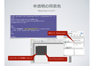 半透明の背景⾊色
Resourcesフォルダー
<?xml version="1.0" encoding="UTF-8" standalone="no" ?>
<svg
xmlns="http://www.w3.org/2000/svg"
xmlns:xlink="http://www.w3.org/1999/xlink"
viewBox="0 0 24 24">
<g>
<rect
fill=“#000000" fill-opacity="0.7" stroke="none"
x=“0" y=“0" width=“24" height="24"
/>
</g>
</svg>
リストボックス背景⾊色《なし》
相対パス（Resources）
ライブラリピクチャー
 