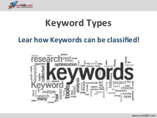  	
  	
  	
  	
  	
  	
  	
  	
  	
  	
  	
  	
  	
  	
  	
  www.omt365.com	
  
	
  
	
  
	
  
	
  
	
  
	
  	
  	
  	
  	
  	
  	
  	
  	
  	
  	
  	
  	
  omt365.comonline marketing training
Keyword	
  Types	
  
Lear	
  how	
  Keywords	
  can	
  be	
  classiﬁed!	
  
 
