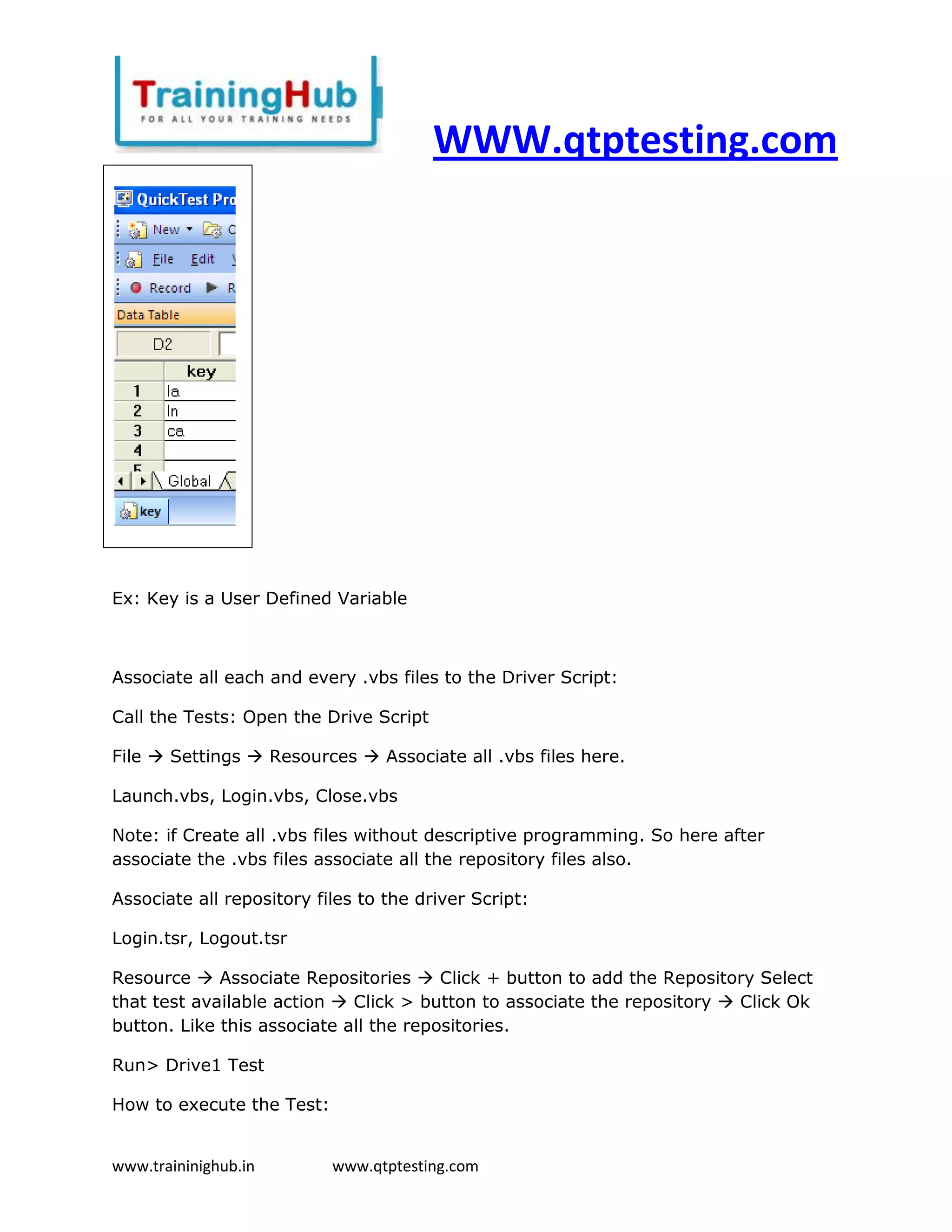 WWW.qtptesting.com




Ex: Key is a User Defined Variable



Associate all each and every .vbs files to the Driver Script:

Call the Tests: Open the Drive Script

File  Settings  Resources  Associate all .vbs files here.

Launch.vbs, Login.vbs, Close.vbs

Note: if Create all .vbs files without descriptive programming. So here after
associate the .vbs files associate all the repository files also.

Associate all repository files to the driver Script:

Login.tsr, Logout.tsr

Resource  Associate Repositories  Click + button to add the Repository Select
that test available action  Click > button to associate the repository  Click Ok
button. Like this associate all the repositories.

Run> Drive1 Test

How to execute the Test:


www.traininighub.in        www.qtptesting.com
 