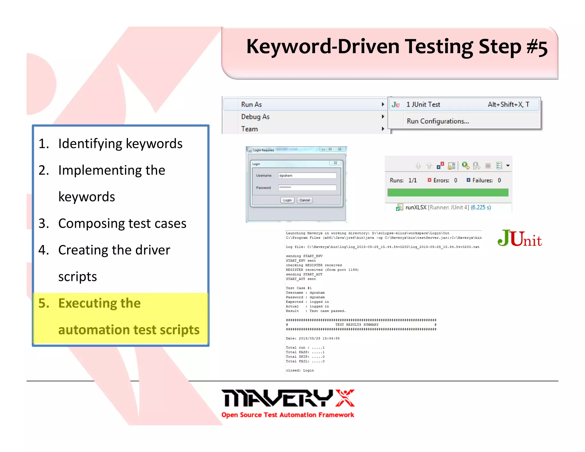 Keyword-Driven Testing Step #5
1. Identifying keywords
2. Implementing the
keywords
3. Composing test cases
4. Creating the driver
scripts
5. Executing the
automation test scripts
 