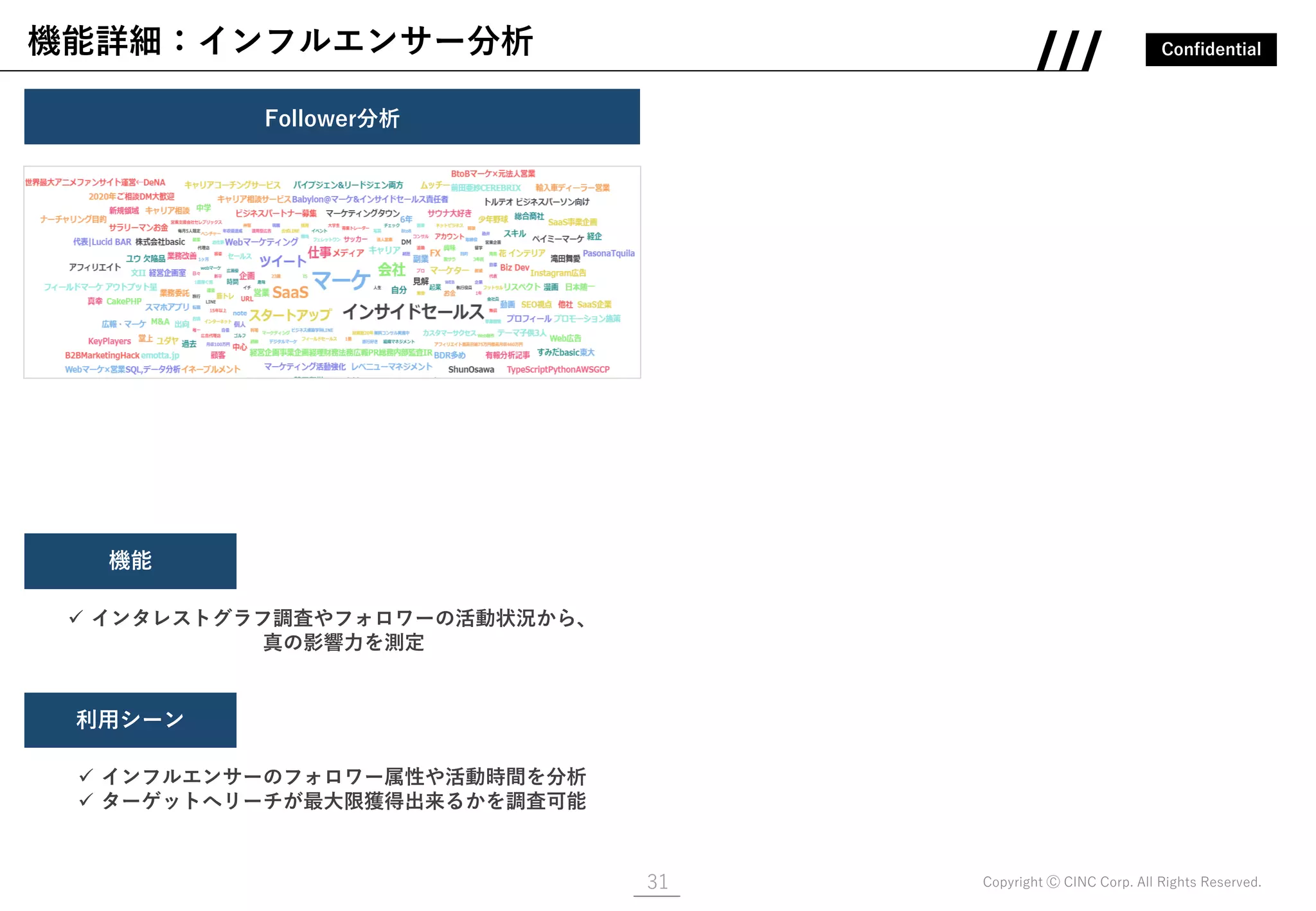 Confidential
Copyright Ⓒ CINC Corp. All Rights Reserved.
機能詳細：インフルエンサー分析
31
Follower分析
✓ インタレストグラフ調査やフォロワーの活動状況から、
真の影響力を測定
機能
利用シーン
✓ インフルエンサーのフォロワー属性や活動時間を分析
✓ ターゲットへリーチが最大限獲得出来るかを調査可能
 