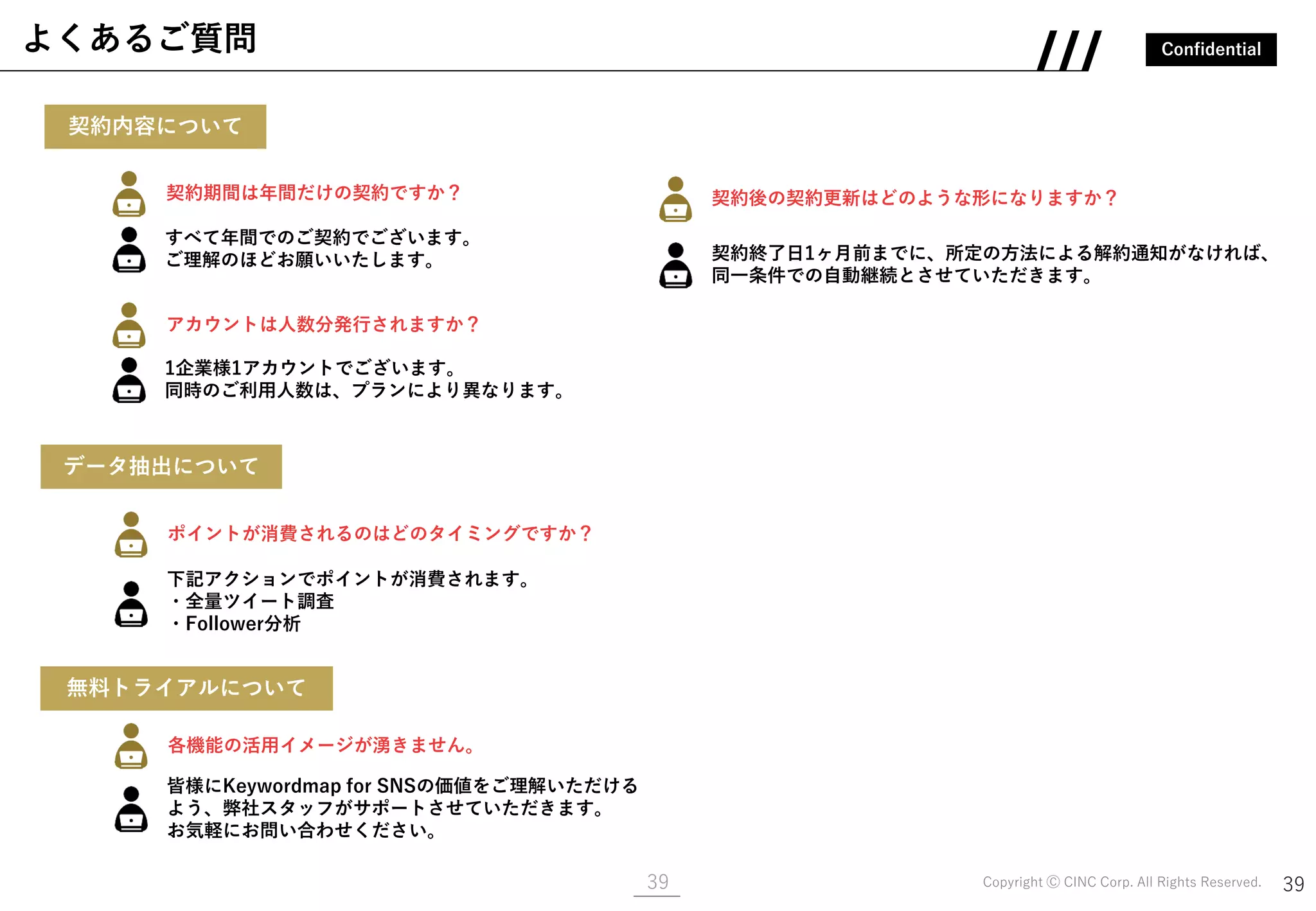 Confidential
Copyright Ⓒ CINC Corp. All Rights Reserved. 39
よくあるご質問
39
契約内容について
データ抽出について
無料トライアルについて
契約期間は年間だけの契約ですか？
すべて年間でのご契約でございます。
ご理解のほどお願いいたします。
契約後の契約更新はどのような形になりますか？
契約終了日1ヶ月前までに、所定の方法による解約通知がなければ、
同一条件での自動継続とさせていただきます。
アカウントは人数分発行されますか？
1企業様1アカウントでございます。
同時のご利用人数は、プランにより異なります。
ポイントが消費されるのはどのタイミングですか？
下記アクションでポイントが消費されます。
・全量ツイート調査
・Follower分析
各機能の活用イメージが湧きません。
皆様にKeywordmap for SNSの価値をご理解いただける
よう、弊社スタッフがサポートさせていただきます。
お気軽にお問い合わせください。
 