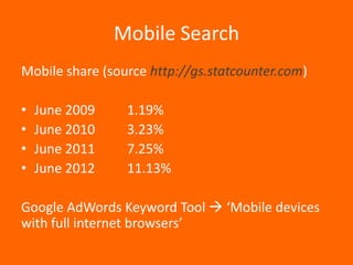 Mobile Search
Mobile share (source http://gs.statcounter.com)

•   June 2009    1.19%
•   June 2010    3.23%
•   June 2011    7.25%
•   June 2012    11.13%

Google AdWords Keyword Tool  ‘Mobile devices
with full internet browsers’
 