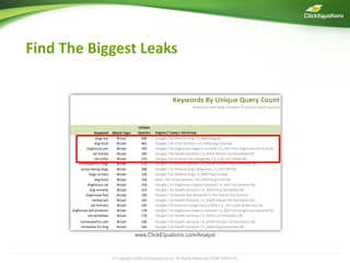 Find The Biggest Leaks




                        www.ClickEquations.com/Analyst



            © Copyright 2009 ClickEquations Inc. All Rights Reserved CONFIDENTIAL   10
 