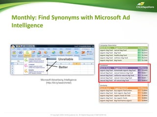 Monthly: Find Synonyms with Microsoft Ad
Intelligence




                           Unreliable

                            Better



         Microsoft Advertising Intelligence
             (http://bit.ly/searchintel)




                  © Copyright 2009 ClickEquations Inc. All Rights Reserved CONFIDENTIAL   18
 