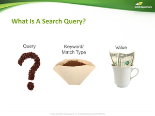 What Is A Search Query?


   Query                  Keyword/                                                 Value
                         Match Type




           © Copyright 2009 ClickEquations Inc. All Rights Reserved CONFIDENTIAL           5
 