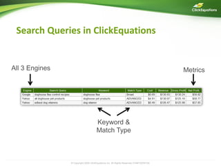 Search Queries in ClickEquations


All 3 Engines                                                                           Metrics




                                      Keyword &
                                      Match Type



                © Copyright 2009 ClickEquations Inc. All Rights Reserved CONFIDENTIAL             8
 