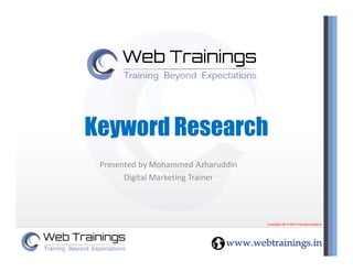 Keyword Research
Presented by Mohammed Azharuddin
Digital Marketing Trainer
 