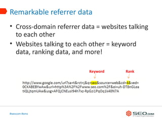 Remarkable referrer data
• Cross-domain referrer data = websites talking
  to each other
• Websites talking to each other = keyword
  data, ranking data, and more!

                           Keyword     Rank




#seocom #smx
 