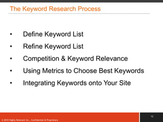 The Keyword Research Process



       •            Define Keyword List
       •            Refine Keyword List
       •            Competition & Keyword Relevance
       •            Using Metrics to Choose Best Keywords
       •            Integrating Keywords onto Your Site



                                                            12
© 2010 Highly Relevant Inc., Confidential & Proprietary
 