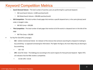 Keyword Competition Metrics
                  –   Search Demand Volume – The total number of searches users are performing for a particular keyword.

                           •   KW Local Search Volume > 2,000 searches/month

                           •   KW Global Search Volume < 200,000 searches/month

                  –   SEO Competition - The total number of web pages that mention a specific keyword term, in the same (phrase) word
                      order, in Google's index.

                           •   KW SEO Comp < 200,000

                  –   Title Competition - The total number of web pages that mention all of the words in a keyword term in the title of the
                      page.

                           •   KW Title Comp < 200,000

                 For Pay-Per-Click (PPC) campaigns

              -            OCI – (Online Commercial Intent) - An indicator of the chances that someone searching for a keyword is looking to
                           buy something – as opposed to browsing for information. The higher the figure, the more likely they are desiring to
                           buy something.

                       •         OCI > 50

              -            CPC– (Cost Per Click) – The bidding price according to the search engines for that particular keyword. Higher CPCs
                           are indicators that the KWs market is competitive.

                       •         $ 0.50 <CPC < $5.50




                                                                                                                                                20
© 2010 Highly Relevant Inc., Confidential & Proprietary
 