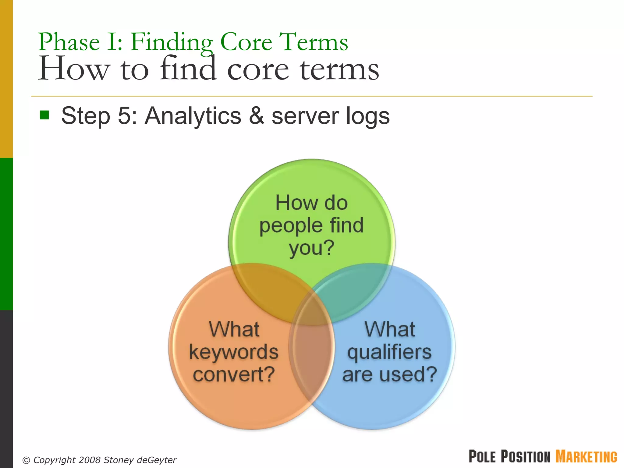 Phase I: Finding Core Terms  How to find core terms Step 5: Analytics & server logs 