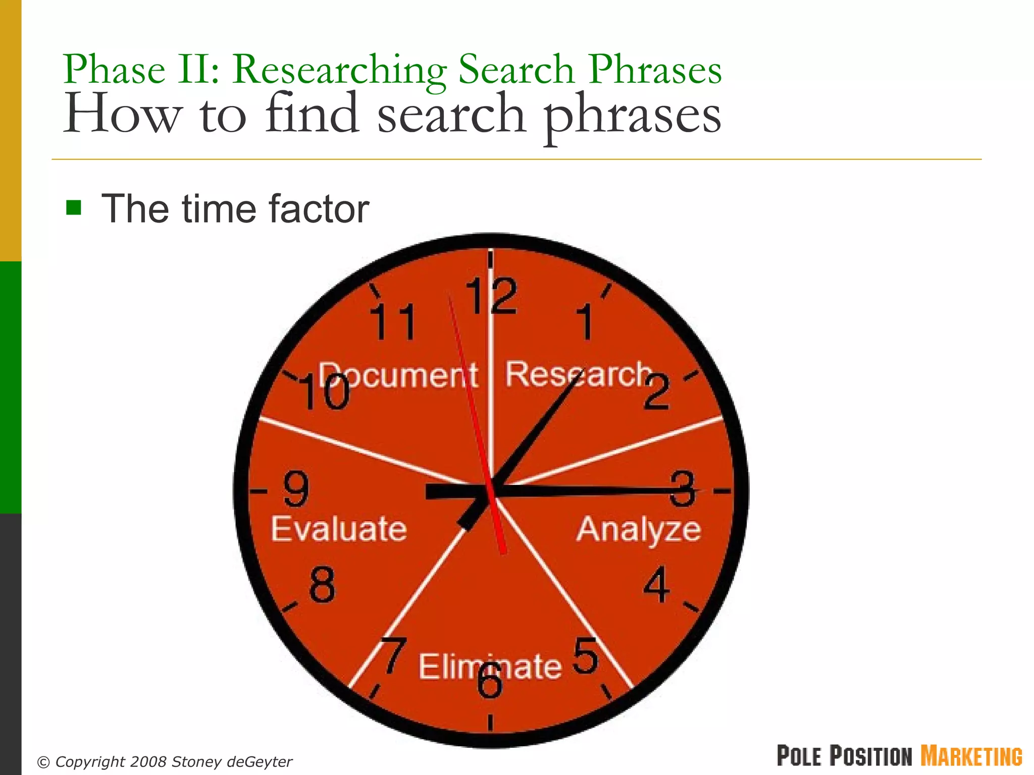 Phase II: Researching Search Phrases   How to find search phrases The time factor 