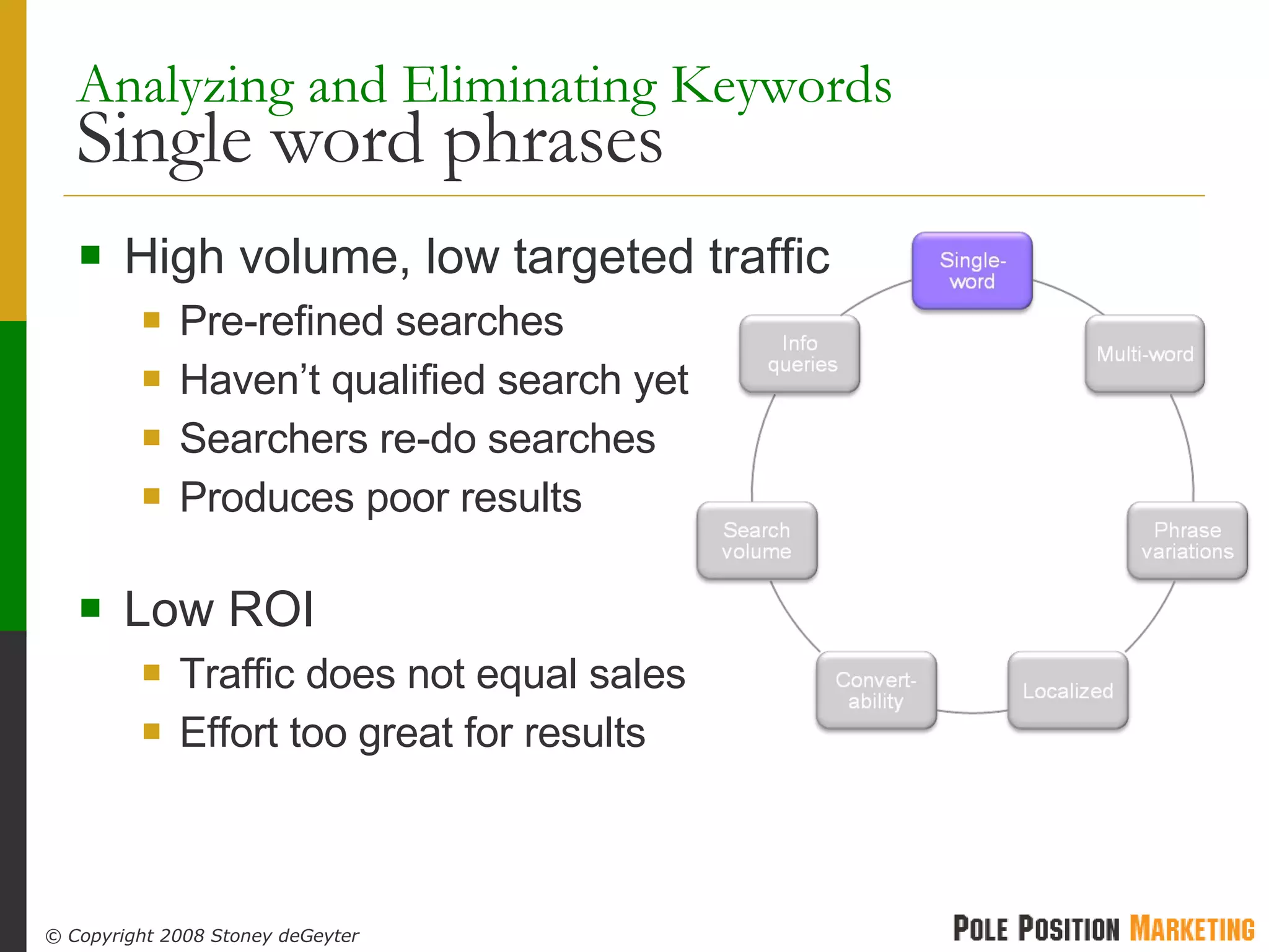Analyzing and Eliminating Keywords   Single word phrases High volume, low targeted traffic Pre-refined searches Haven’t qualified search yet Searchers re-do searches Produces poor results Low ROI Traffic does not equal sales Effort too great for results 