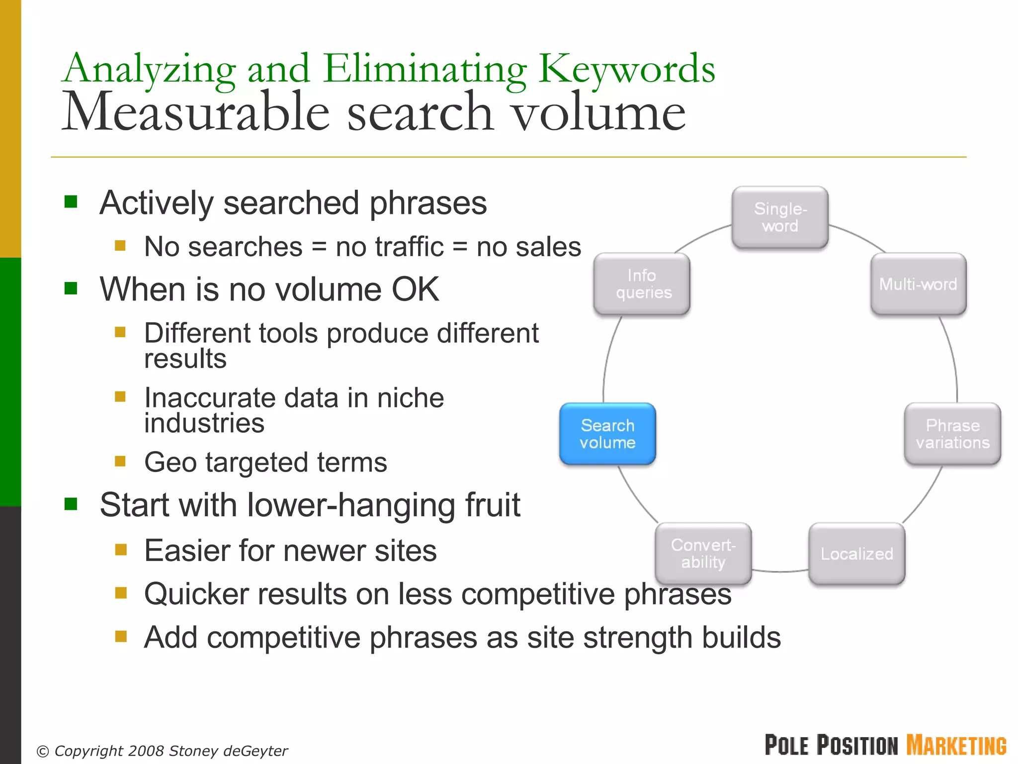 Analyzing and Eliminating Keywords   Measurable search volume Actively searched phrases No searches = no traffic = no sales When is no volume OK Different tools produce different results Inaccurate data in niche  industries Geo targeted terms Start with lower-hanging fruit Easier for newer sites Quicker results on less competitive phrases Add competitive phrases as site strength builds 