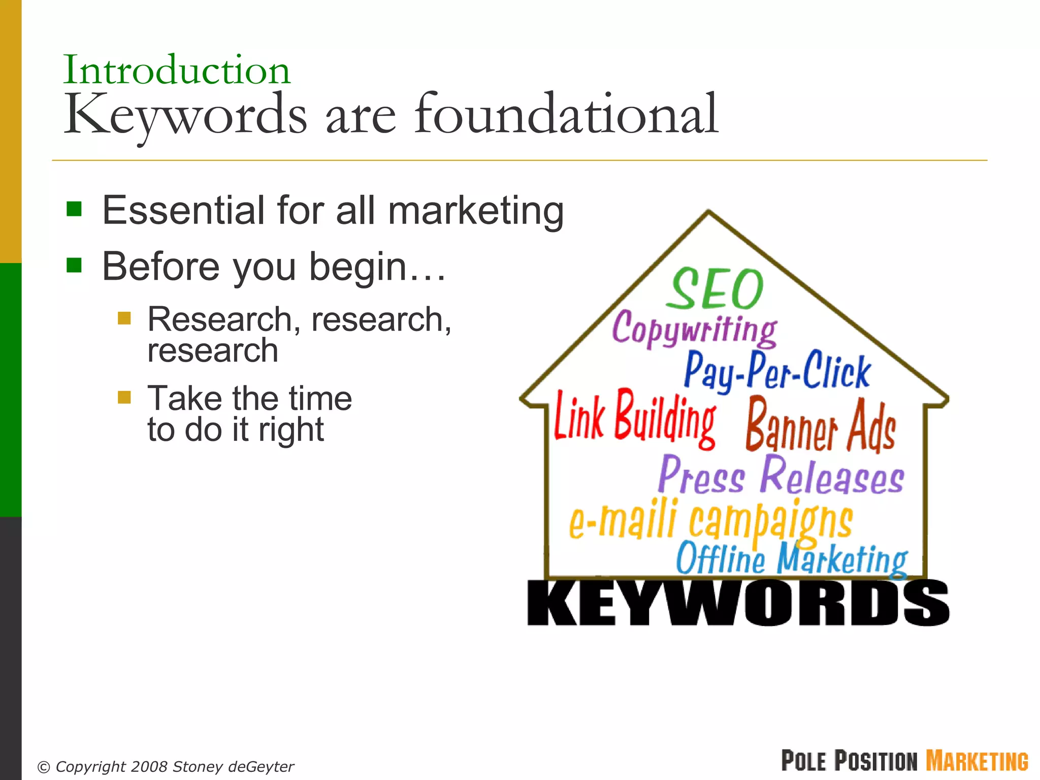 Introduction   Keywords are foundational Essential for all marketing  Before you begin… Research, research, research Take the time to do it right 
