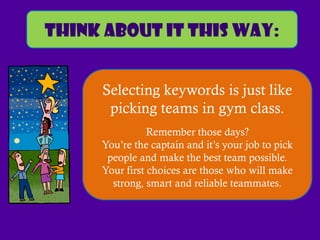 Think about it this way:


     Selecting keywords is just like
      picking teams in gym class.
                Remember those days?
     You’re the captain and it’s your job to pick
      people and make the best team possible.
     Your first choices are those who will make
       strong, smart and reliable teammates.
 