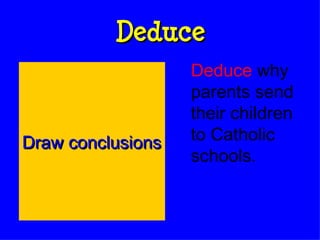 Deduce Deduce  why parents send their children to Catholic schools. Draw conclusions 