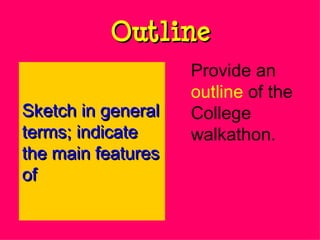 Outline Provide an  outline  of the College walkathon. Sketch in general terms; indicate the main features of 