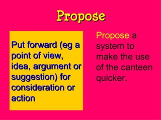 Propose Propose  a system to make the use of the canteen quicker. Put forward (eg a point of view, idea, argument or suggestion) for consideration or action 